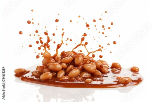 Baked beans made a messy splatter on a white surface