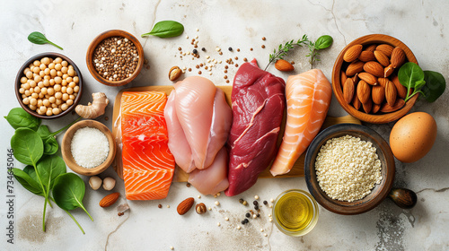 Selection of food protein sources on a white stone background. Top down studio photography.