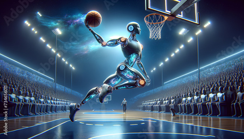 AI humanoid robot executing perfect basketball slam dunk in futuristic arena with harmonious blend of human and AI spectators.