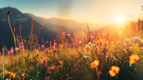 Wildflowers in Mountain Meadow at Sunset - Scenic landscape in high mountain meadow with mountain vista at sunset with warm light