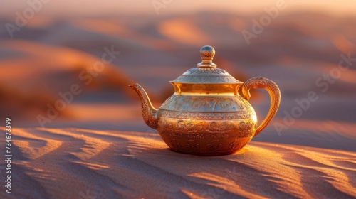 A glimmering teapot, shimmering under the hot sun, waits to quench the thirst of weary travelers in the vast desert expanse.