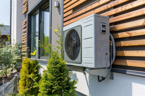 An energy-efficient air heat pump installed beside a contemporary home.