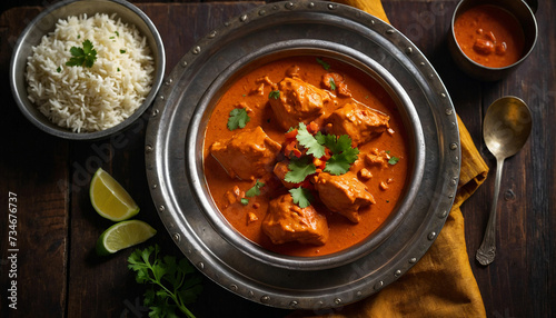A close up of butter chicken served in a traditional metal thali, placed on a dark wooden table, with the vibrant colors of the dish contrasting beautifully against the rustic backdrop, evoking a sens