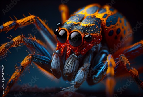 a close up of a spider with a red eye and yellow tail and legs, with a black background and a blue background with white and orange details, and yellow lines, and red. generative ai