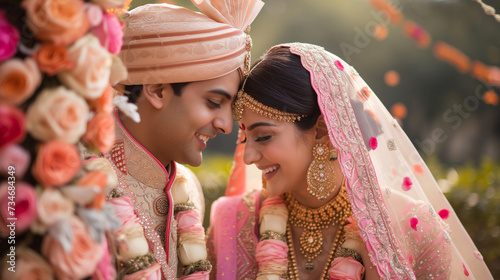 Cute Indian wedding couple in adorable bride and groom portrait. Wearing mostly pink traditional attire.