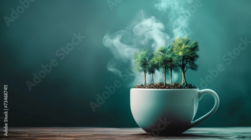 A boiling coffee mug sprouting a whimsical forest of steam trees as a unique illustration