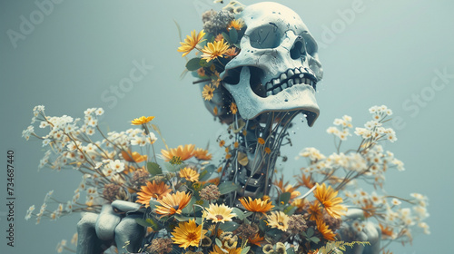 A captivating 3D render of a flower encrusted skeleton showcasing the concept of life after death