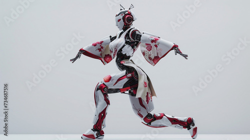 A futuristic dance of a robot formed in the likeness of a graceful geisha in a 3D render