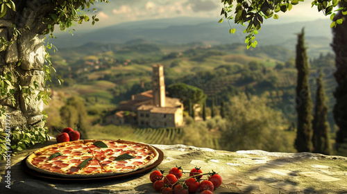 A scenic Tuscan countryside background with a rustic Italian pizza ideal for a unique 3D render