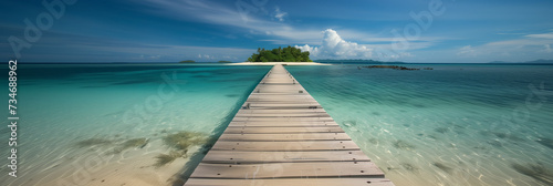 Wooden pier leading to a tropical island paradise.