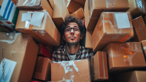Man among cardboard boxes appearing stressed.