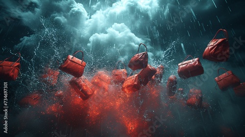 Fashionable Flair: Red Bags in the Rain Generative AI