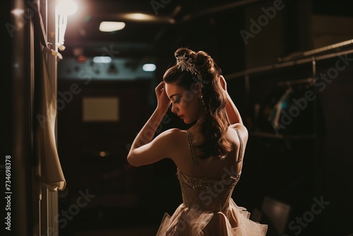 performer preparing backstage, adjusting dress and hair accessories