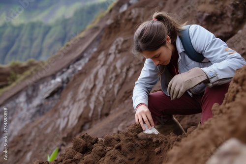 female geologist analyzing soil near a landslide