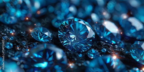 Glistening Blue Gemstones Close-up. Close-up of sparkling blue gemstones with selective focus and bokeh effect.