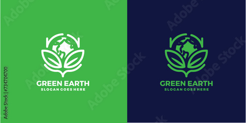 green earth logo design with tree leaf globe vector icon design template.