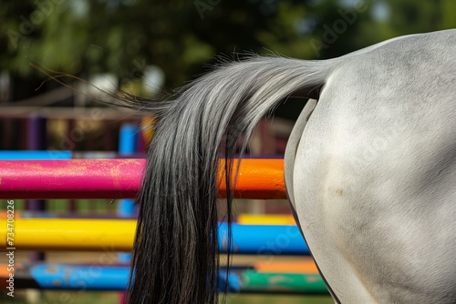 close frame of horses tail flicking over colorful rails