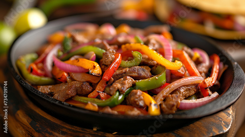 Sizzling fajitas inside a cast iron skillets. Fresh bell peppers and pieces of chicken.