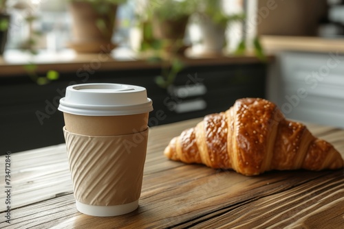 Design mockup of coffee and croissant on wooden table with paper cup