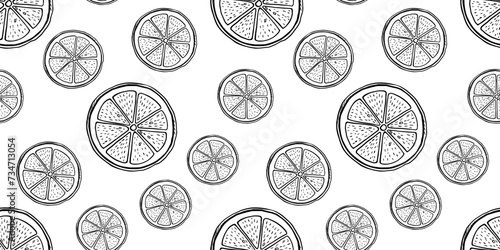 Hand drawn vector monochrome seamless pattern with etching lemon piece in sketch style. Vector black and white repeat background