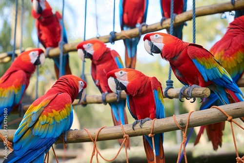 group of parrots on a zoo playstructure with ropes and ladders