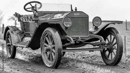 A vintage car from the early 1900s captured in a black and white photograph on a muddy road