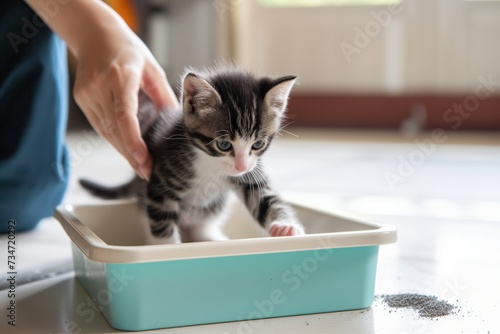 owner teaching kitten to use litter box