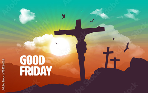 Good Friday background, it is finished text banner with Cross, crucifix on hill and bird flying at going sunset for good friday, vector design illustration