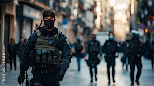A Spanish security force policewoman and many bodies are seen strolling down a downtown street.