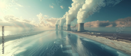 Wide angle view of a nuclear power plant with cooling towers with steams near sea. Clean renewable green energy concept. 
