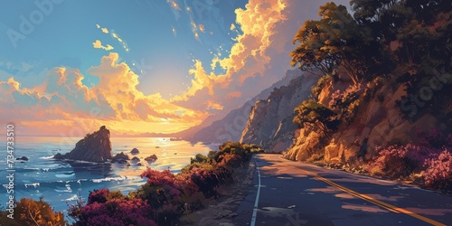 A highway leading to a secluded cove, with cliffs on either side and the sunrise reflecting off the ocean