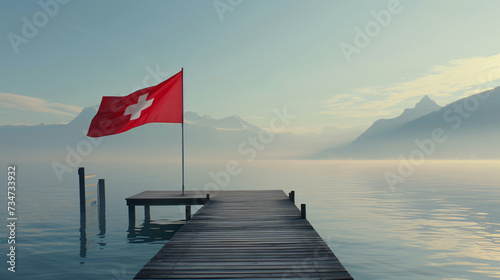 Hyperrealistic depiction of the Swiss flag elegantly swaying in the wind against the spotless backdrop of a Lake