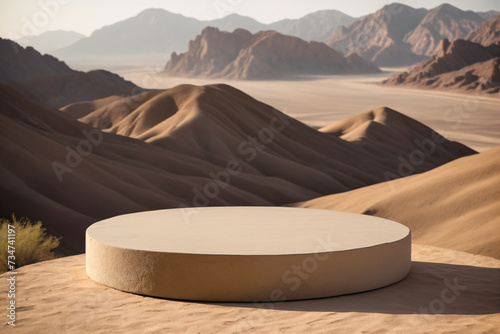 Empty round stone podium and pedestal stand platform for display product in desert with rock mountain