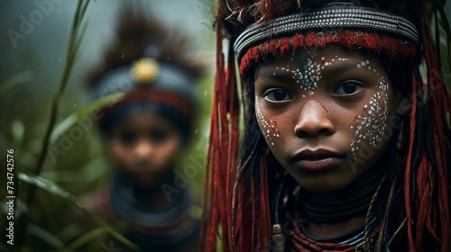 Generative AI image of tribal children with face paint and traditional headdresses in nature.