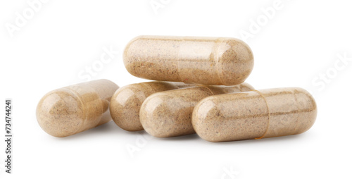 Pile of vitamin capsules isolated on white