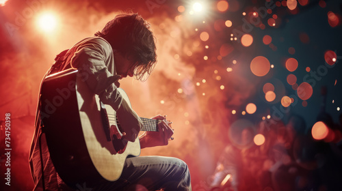 Guitarist strumming an acoustic guitar on stage , famous guitar player concept image