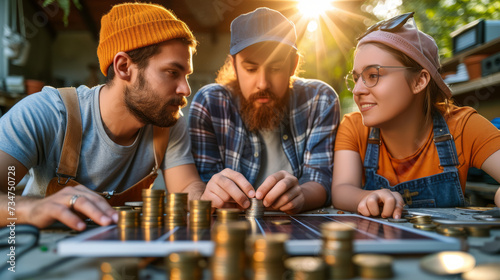Three young man and woman with hipster style counting and comparing their savings with stack of coins in front of them