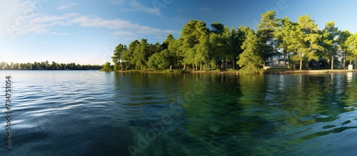 Large panorama of green lake, blue caste at dawn, sunlight shadows on the water