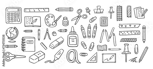 Stationery doodle icon set. Art education line hand drawn elements - pencil, pen, washi tape, globe, glue, crayons hand drawn school supply illustration