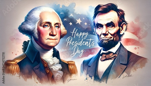 Illustration in a watercolor style with portraits of george washington and abraham lincoln for presidents' day celebration.