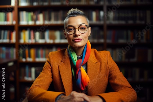 A non-binary individual, aged 31, of Mediterranean descent, wearing a tailored blazer and vibrant scarf, their expression thoughtful and introspective as they sit in a library surrounded by books.