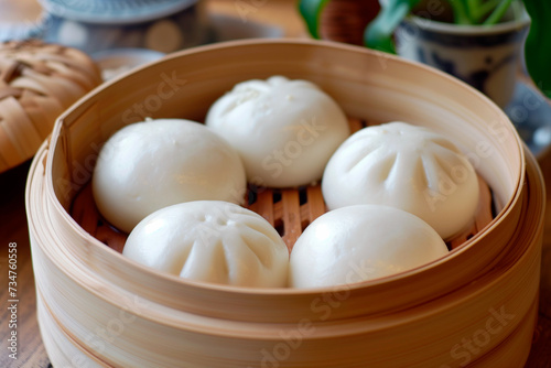 Bamboo steamers with tasty baozi steamed buns
