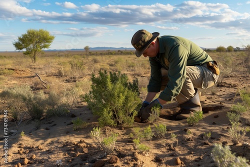 conservationist planting shrubs to resist desertification during calm