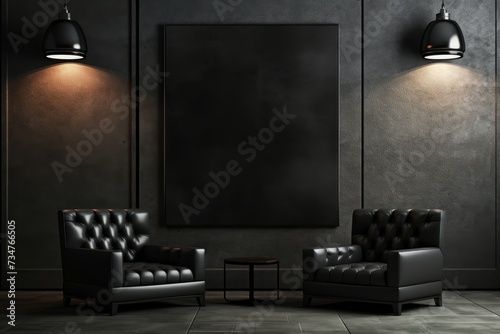 Minimalistic living room interior with empty black poster mockup frame on the wall