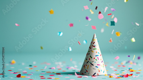 A cone hat on a blue background with colorful confetti. Party hat. Studio shot photo. Birthday party, celebration concept. Generative AI