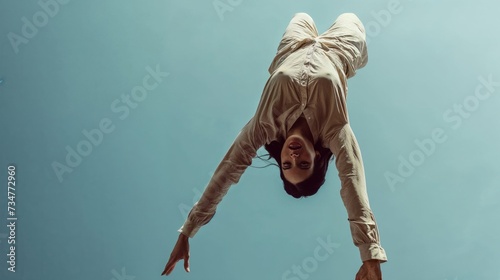 Surreal Portrait of Woman Falling Through the Sky, Defying Gravity in an Upside-Down World. Conceptual Art Piece of Female Levitation and Freedom