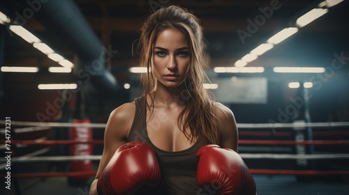 A beautiful female boxing fighter standing in red boxing gloves, facing the camera, against the backdrop of the boxing gym. Generative AI