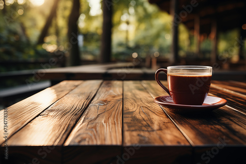 Coffee morning on the wood floor background.