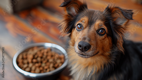 Dog and bowl of dry pet food on wooden floor, closeup
