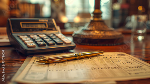Antique desk setting with a classic calculator, elegant pen, and handwritten financial documents in warm lighting. 